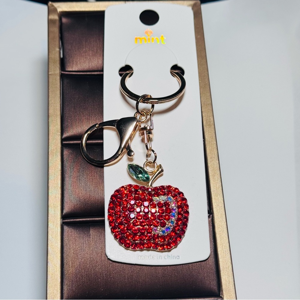 BAG CHARM Mint Sparkling Red Apple Keychain Gold Tone